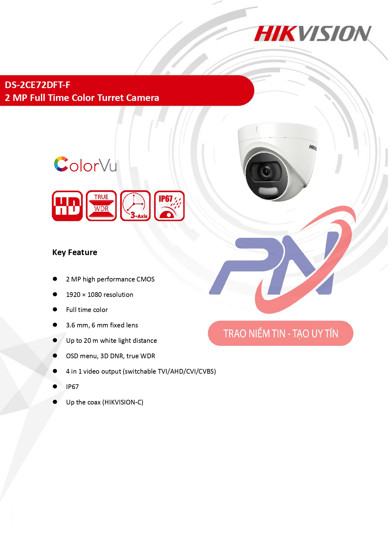  Camera ngoài trời 2MP - có màu 24/24 Hikvision DS-2CE72DFT-F 