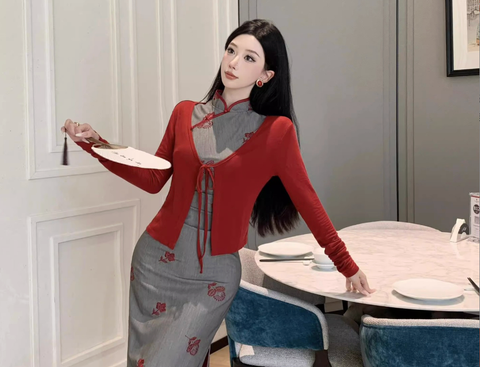 Áo Khoác đỏ sườn xám