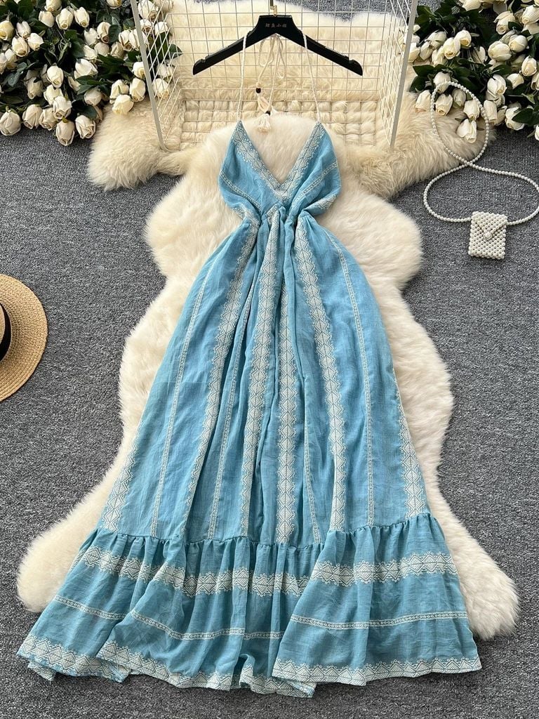 Đầm Vintage Xanh 2 dây - Bluebell