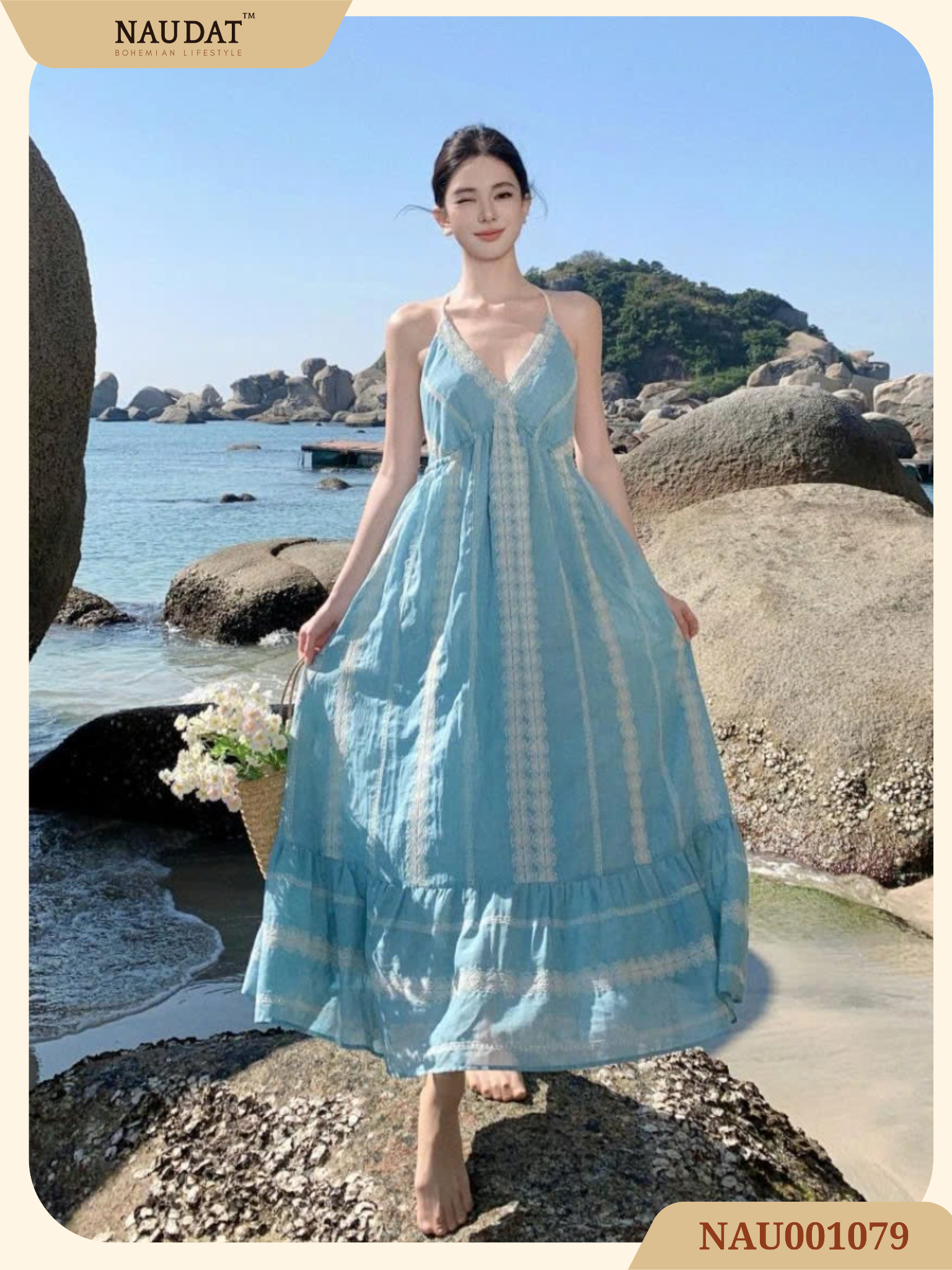 Đầm Vintage Xanh 2 dây - Bluebell