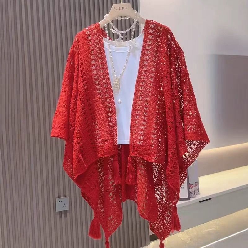 Khăn Choàng Ren Tua Rua- Kem Trắng Đỏ