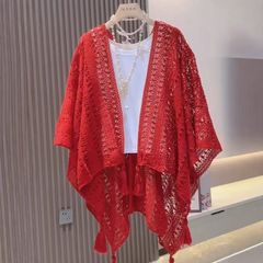 Khăn Choàng Ren Tua Rua- Kem Trắng Đỏ