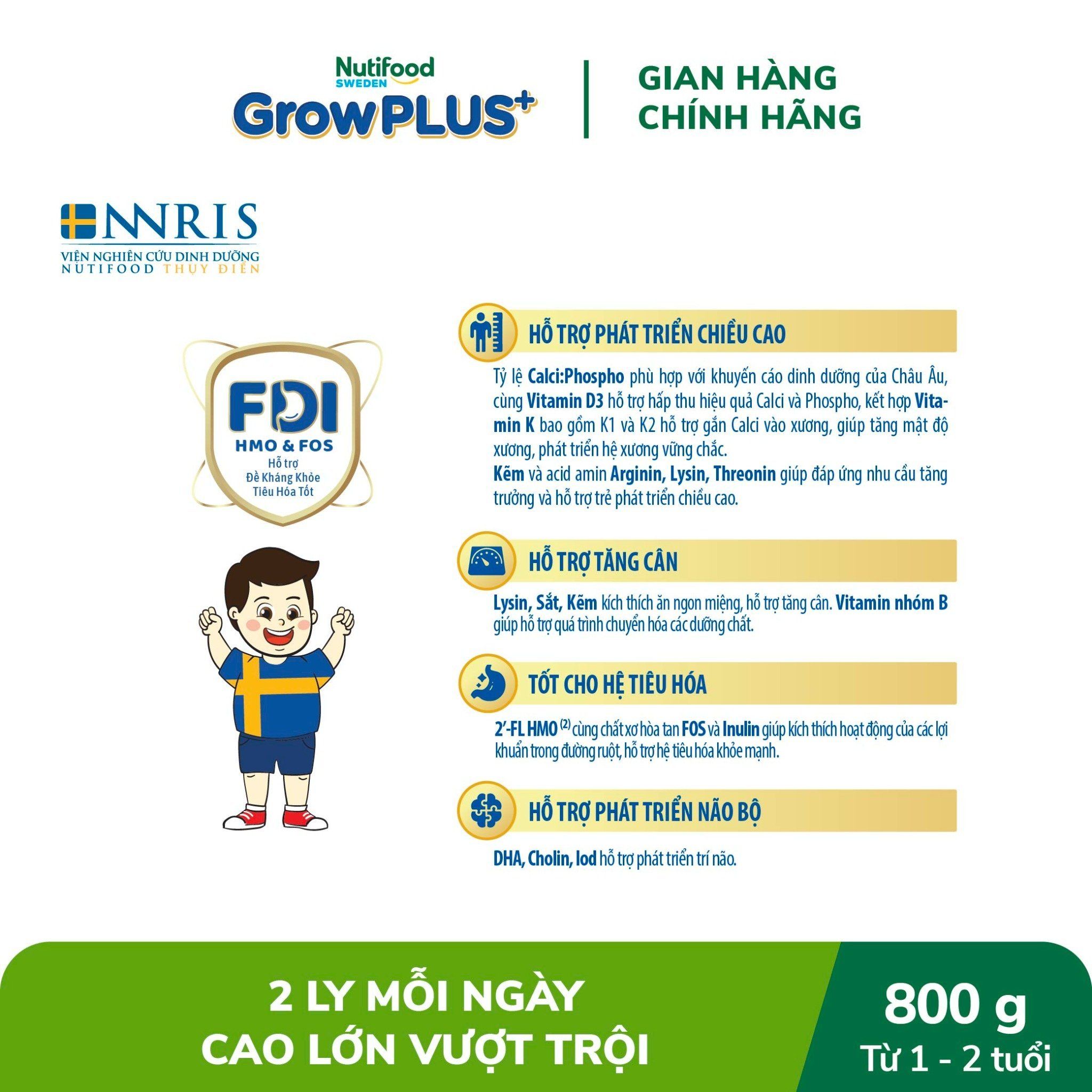 Lợi ích của Sữa bột Nutifood GrowPLUS+ Cao Lớn Vượt Trội trên 1 tuổi Lon 800g