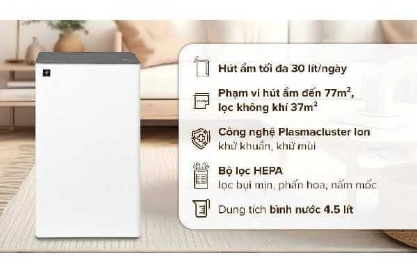 Máy lọc không khí + hút ẩm Sharp DW-T30FV-W | 2 trong 1 cho phòng <77 m²