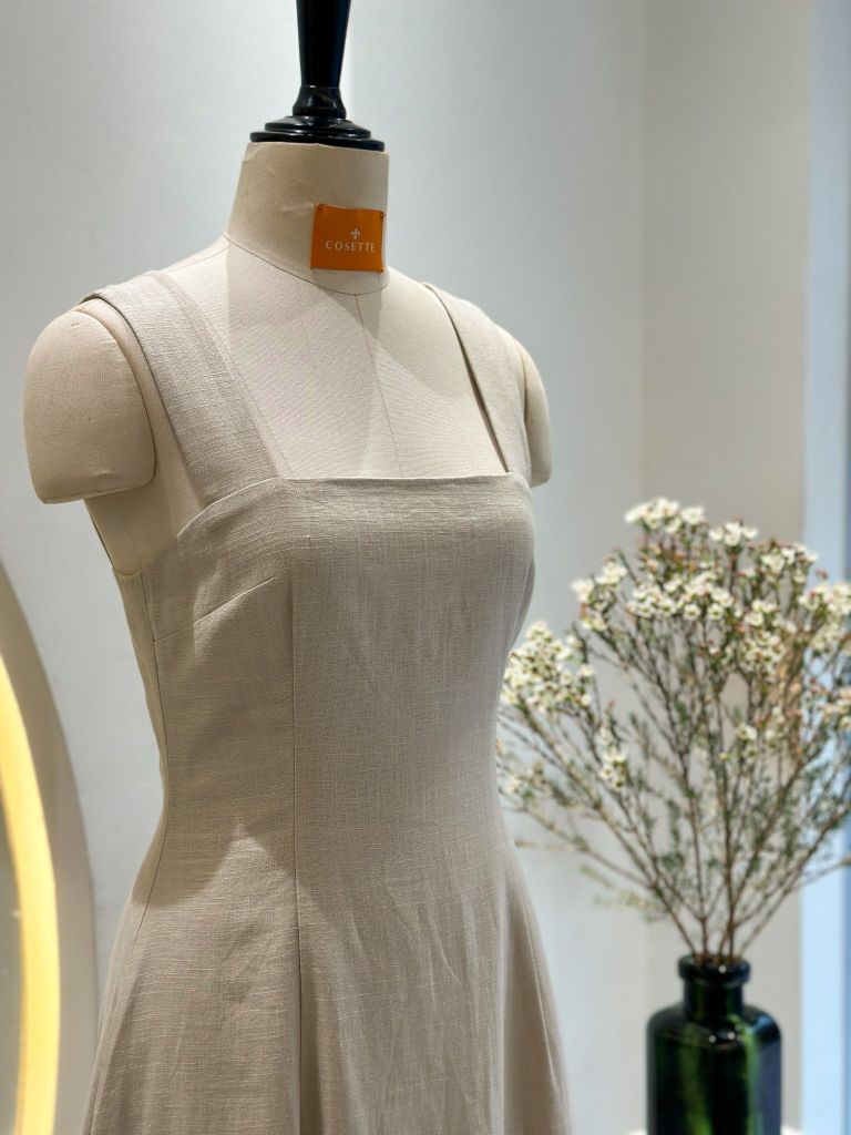  Đầm 2 dây bản to tùng xòe cafe sữa 