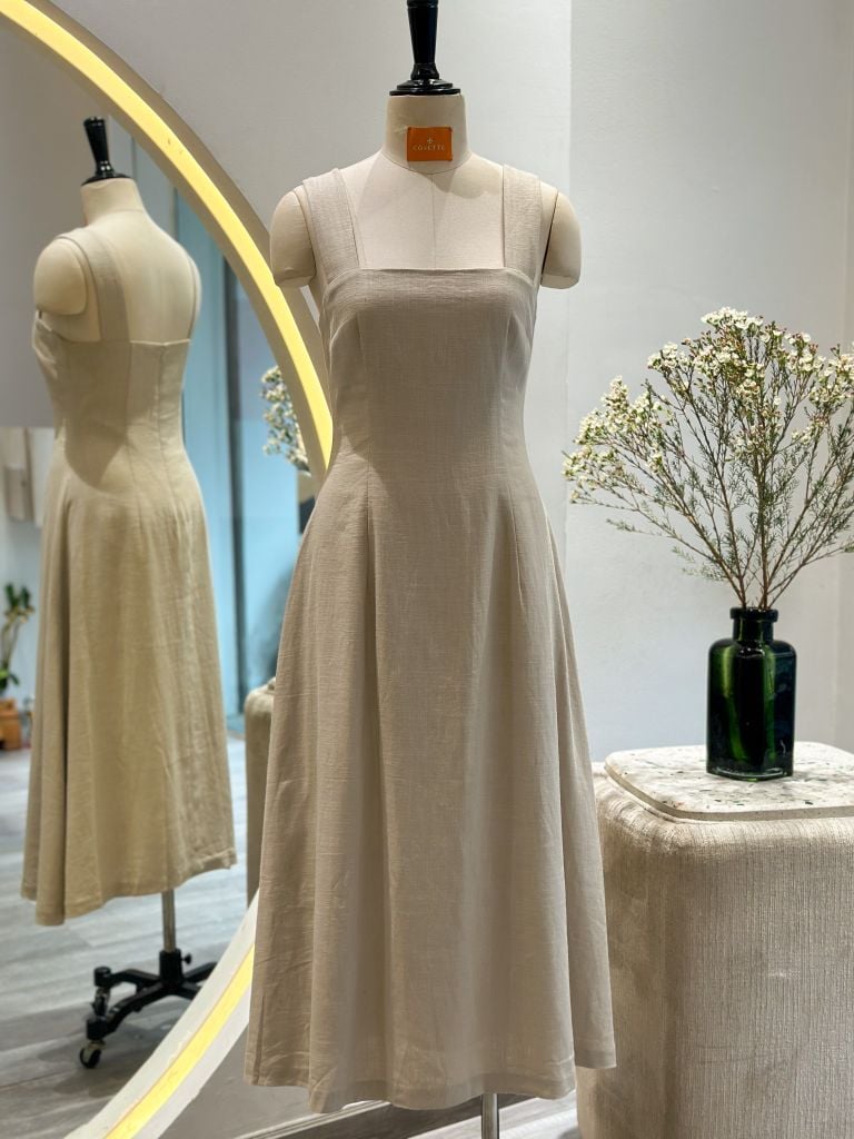  Đầm 2 dây bản to tùng xòe cafe sữa 