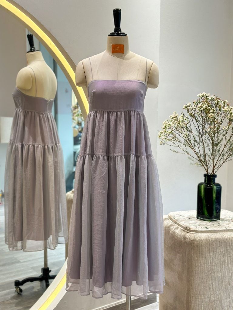  Đầm 2 dây nhún 2 tầng bèo xanh xám 