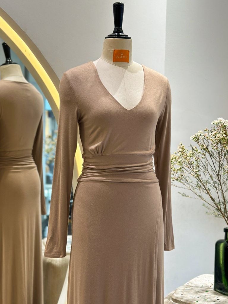  Đầm thun tay dài bo eo xám đậm 