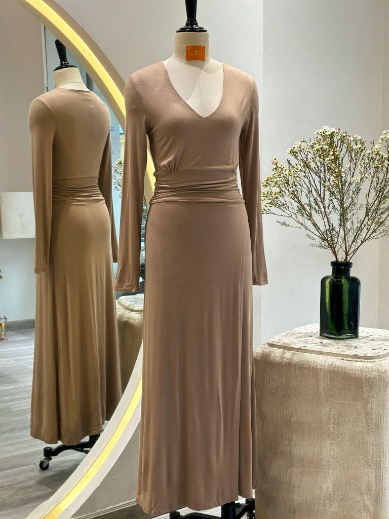  Đầm thun tay dài bo eo xám đậm 