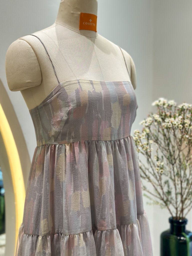  Đầm 2 dây nhún 2 tầng bèo xám 