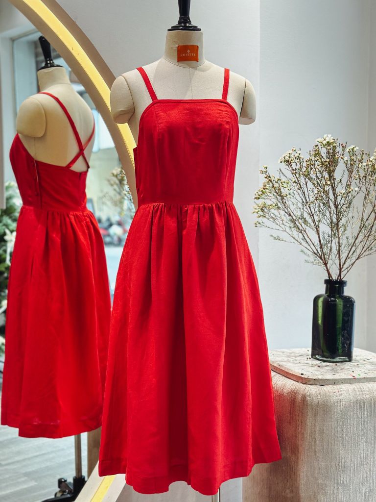  Đầm 2 dây cúp ngực tùng xòe cam 