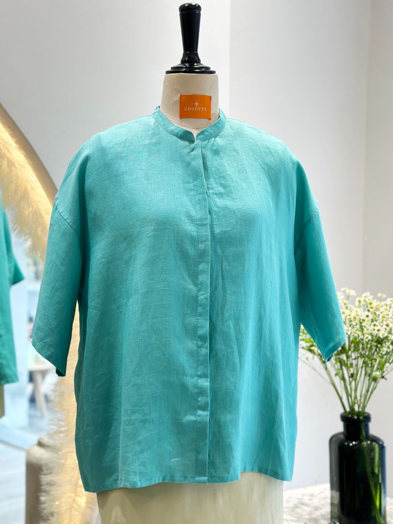  Áo sơ mi tay ngắn cổ trụ xanh ngọc 