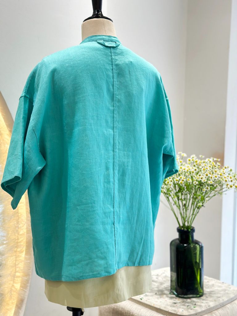  Áo sơ mi tay ngắn cổ trụ xanh ngọc 