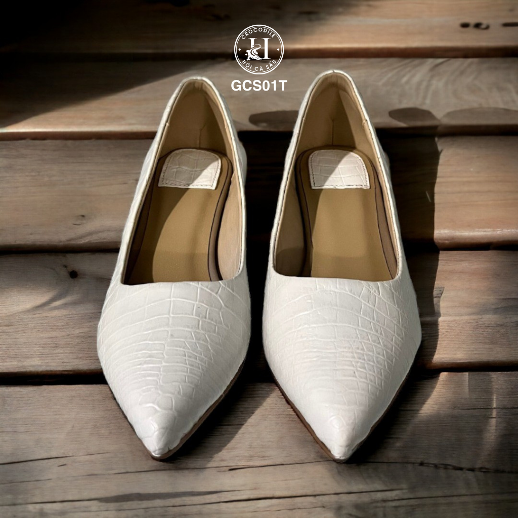 GCS01T – GIÀY NỮ DA CÁ SẤU TRẮNG ĐẾ VUÔNG – SANG TRỌNG & THANH LỊCH TỪNG BƯỚC CHÂN