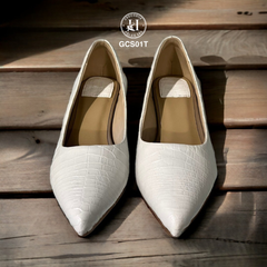 GCS01T – GIÀY NỮ DA CÁ SẤU TRẮNG ĐẾ VUÔNG – SANG TRỌNG & THANH LỊCH TỪNG BƯỚC CHÂN
