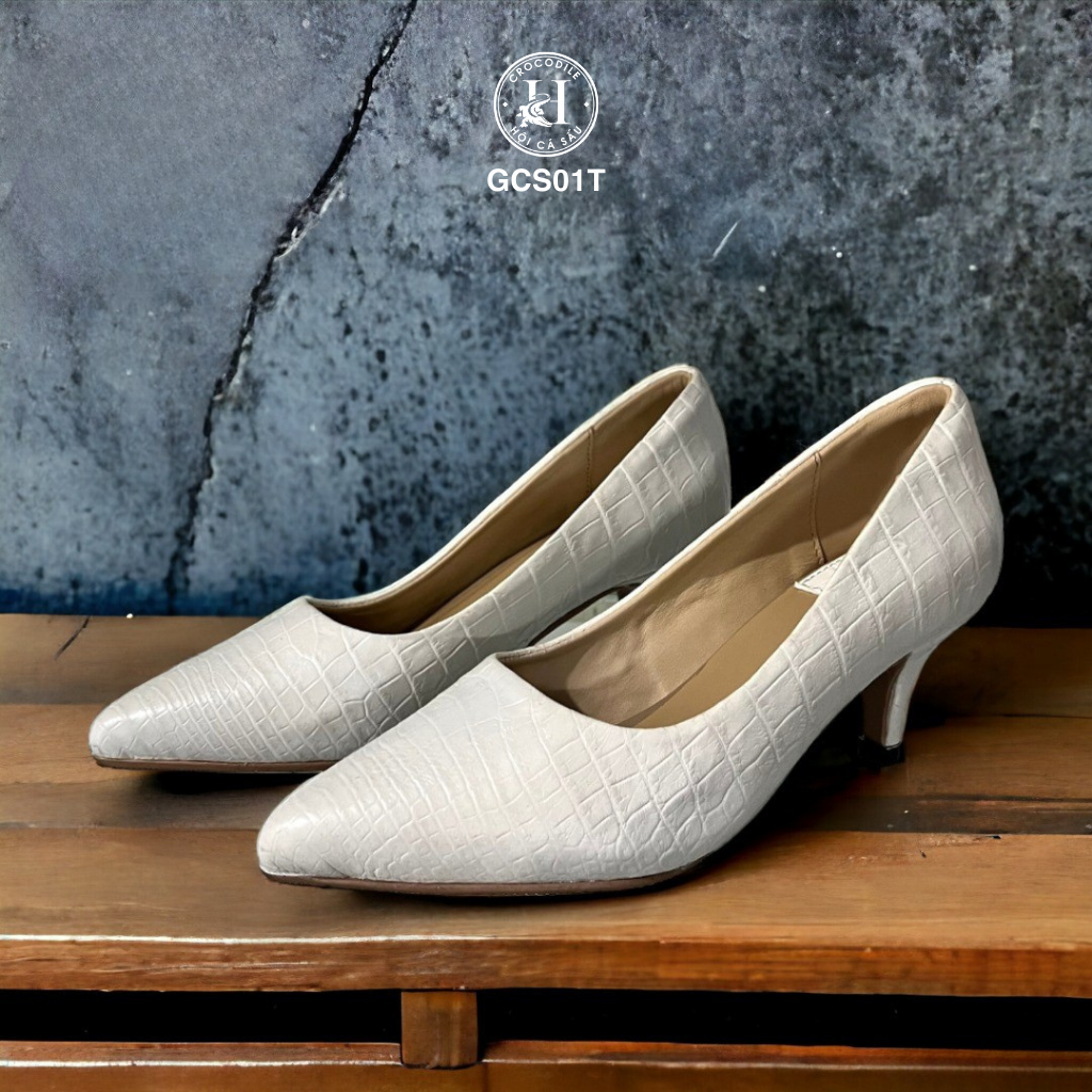 GCS01T – GIÀY NỮ DA CÁ SẤU TRẮNG ĐẾ VUÔNG – SANG TRỌNG & THANH LỊCH TỪNG BƯỚC CHÂN