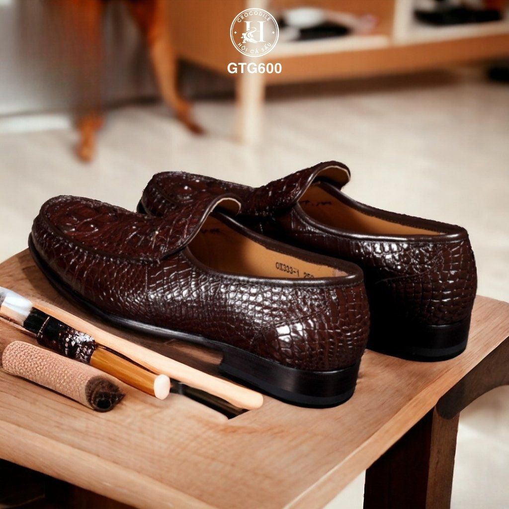 GTG600 – Giày lười đế cao da gù cá sấu thật 100% ( Màu Đen ), chuẩn quý ông hiện đại