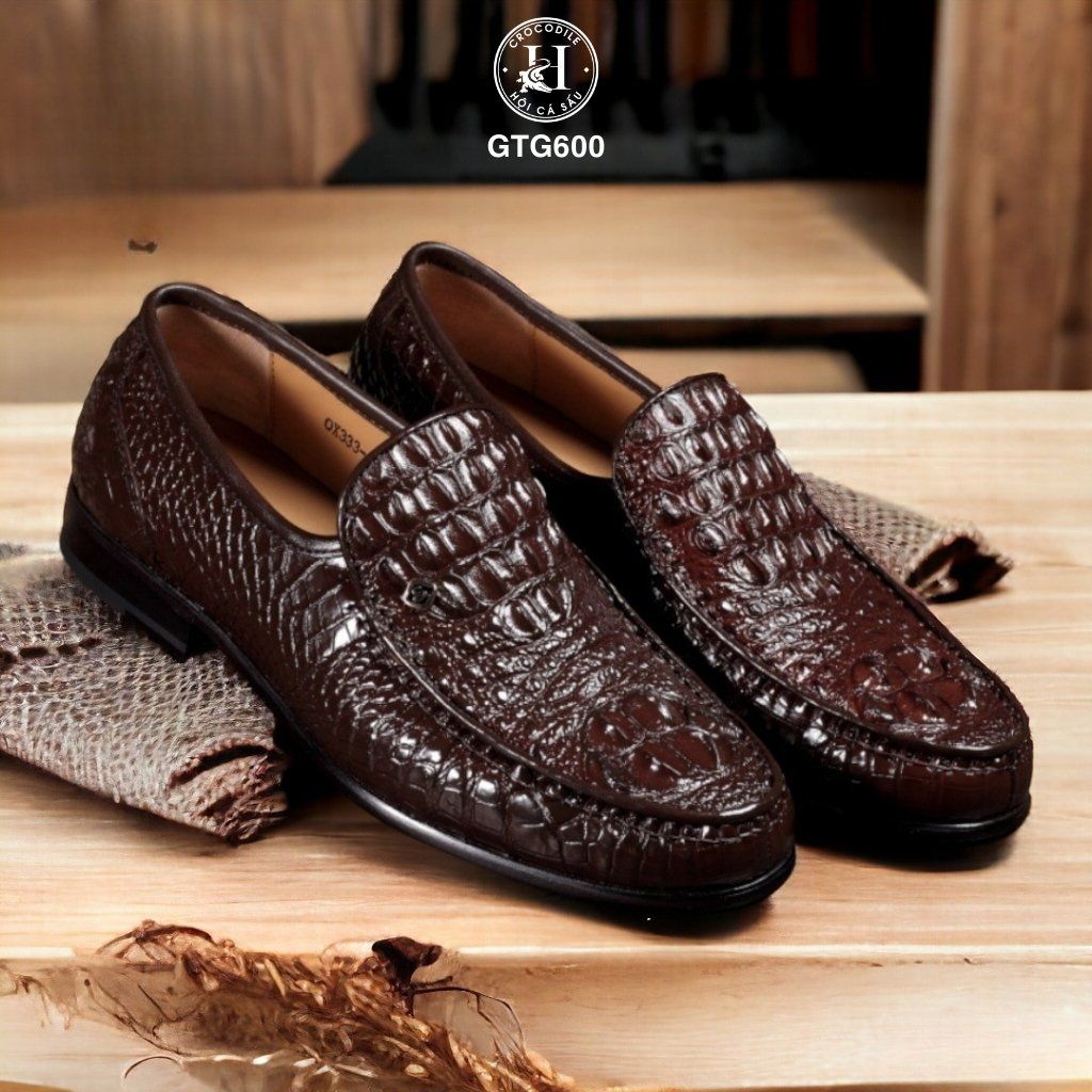 GTG600 – Giày lười đế cao da gù cá sấu thật 100% ( Màu Đen ), chuẩn quý ông hiện đại