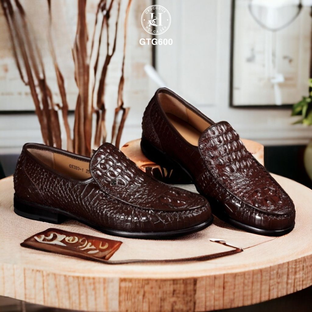 GTG600 – Giày lười đế cao da gù cá sấu thật 100% ( Màu Đen ), chuẩn quý ông hiện đại