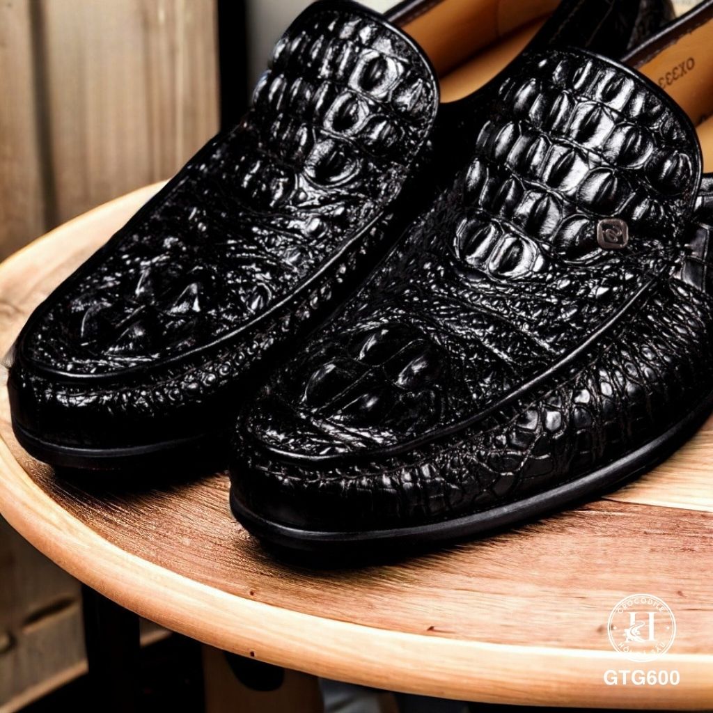 GTG600 – Giày lười đế cao da gù cá sấu thật 100% ( Màu Đen ), chuẩn quý ông hiện đại