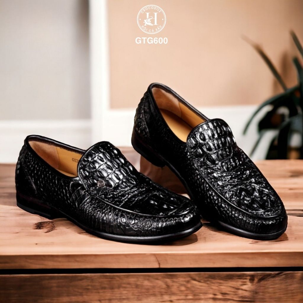 GTG600 – Giày lười đế cao da gù cá sấu thật 100% ( Màu Đen ), chuẩn quý ông hiện đại
