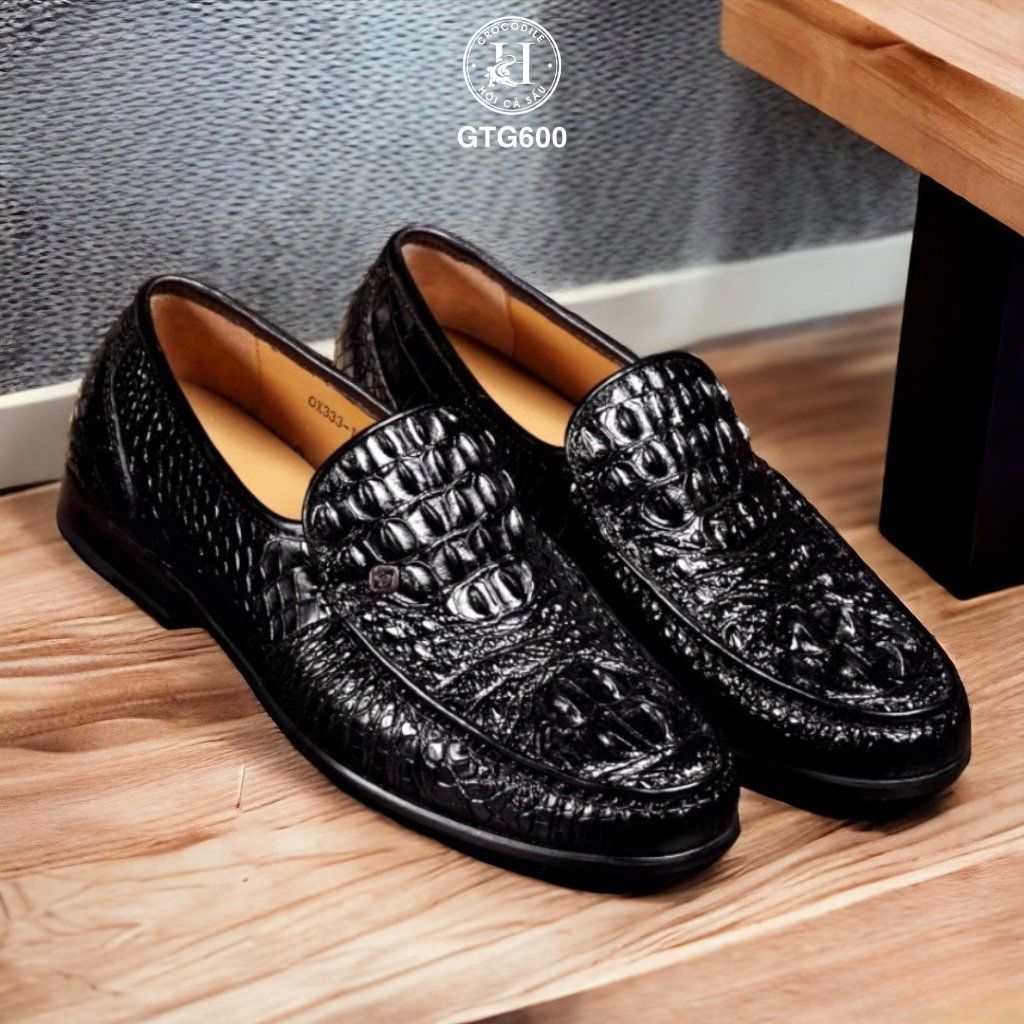 GTG600 – Giày lười đế cao da gù cá sấu thật 100% ( Màu Đen ), chuẩn quý ông hiện đại