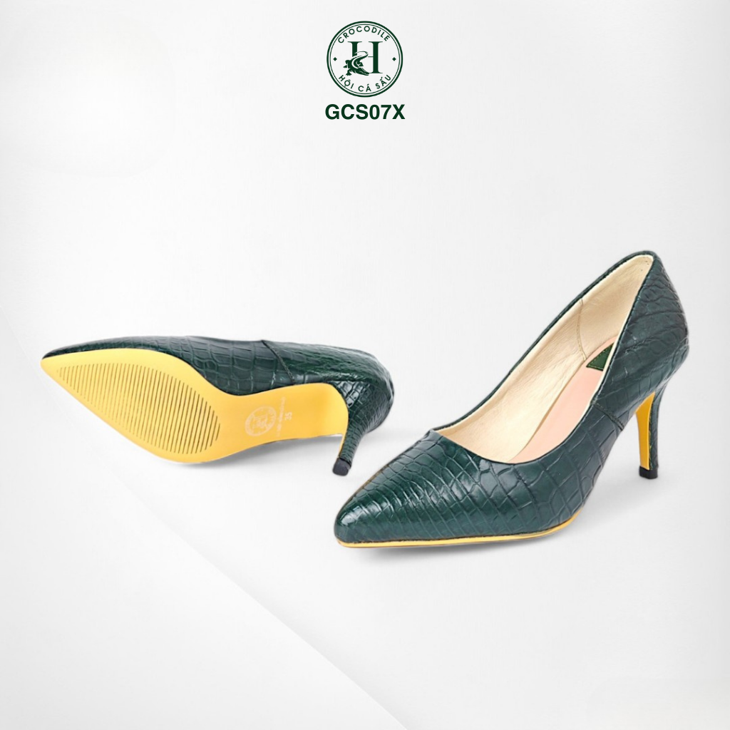 Giày nữ da cá sấu màu xanh, cao gót da cá sấu cao cấp GCS07X