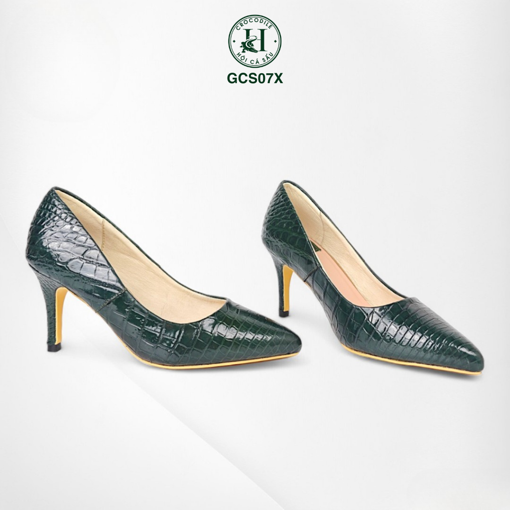 Giày nữ da cá sấu màu xanh, cao gót da cá sấu cao cấp GCS07X