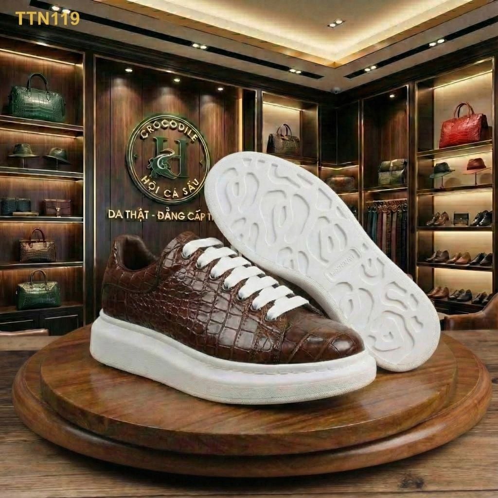 TTN119 – GIÀY THỂ THAO DA CÁ SẤU MÀU NÂU LUXURY – CHẤT ĐẲNG CẤP, FORM PHONG CÁCH