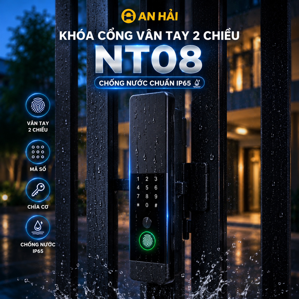  Khóa cổng vân tay 2 chiều chống nước NT08 