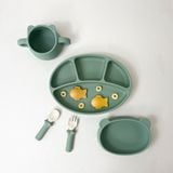 Combo Khay chia ngăn đế hít, đĩa hình gấu đế hít, cốc hình gấu, bộ muỗng nĩa silicon Modu'i, màu mint