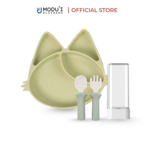 Combo khay chia ngăn mèo MOA đế hít màu green bean & Bộ muỗng nĩa Modu'i, màu green lily