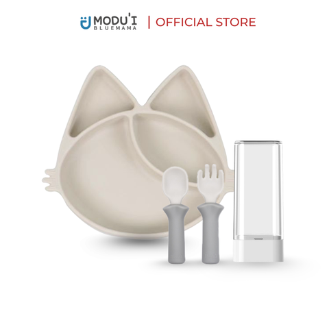 Combo khay chia ngăn mèo MOA đế hít màu cream & Bộ muỗng nĩa Modu'i, màu grey