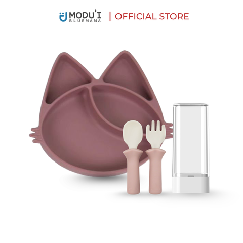 Combo khay chia ngăn mèo MOA đế hít màu pink & Bộ muỗng nĩa Modu'i, màu soft pink