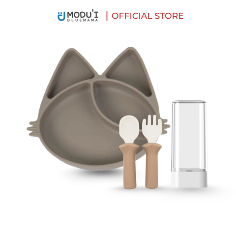 Combo khay chia ngăn mèo MOA đế hít màu beige & Bộ muỗng nĩa Modu'i, màu sand beige
