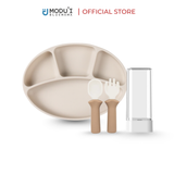 [COMBO] Khay ăn dặm oval chia 4 ngăn màu cream & Bộ muỗng nĩa Silicone Bạch kim Modui Bluemama màu sand beige