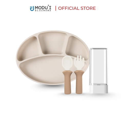 [COMBO] Khay ăn dặm oval chia 4 ngăn màu cream & Bộ muỗng nĩa Silicone Bạch kim Modui Bluemama màu sand beige
