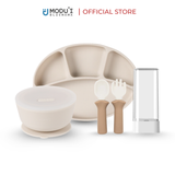 Combo Khay chia ngăn đế hít, Bát đế hít màu cream và Bộ muỗng nĩa silicon Modu'i, màu sand beige