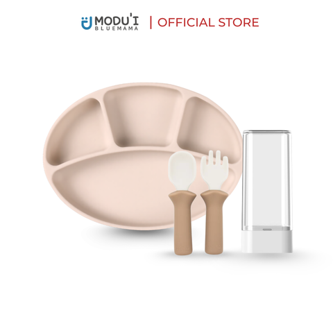 Combo khay chia ngăn đế hít màu peach & Bộ muỗng nĩa Modu'i, màu sand beige