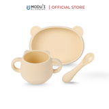 Combo Đĩa hình gấu đế hít, cốc hình gấu, thìa em bé silicon Modu'i, màu butter