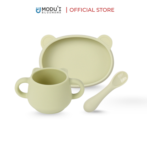 Combo Đĩa hình gấu đế hít, cốc hình gấu, thìa em bé silicon Modu'i, màu green bean