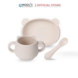 Combo Đĩa hình gấu đế hít, cốc hình gấu, thìa em bé silicon Modu'i, màu cream
