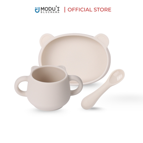Combo Đĩa hình gấu đế hít, cốc hình gấu, thìa em bé silicon Modu'i, màu cream