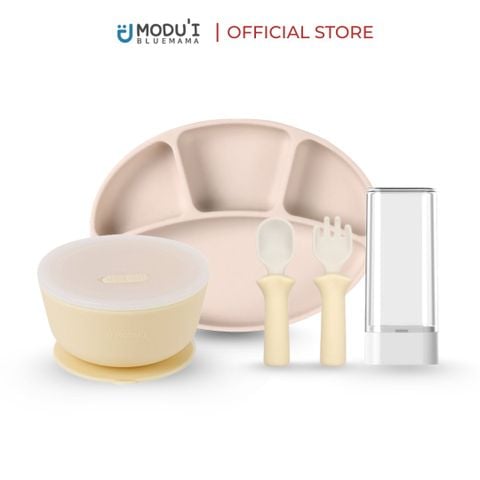 Combo Khay chia ngăn đế hít màu cam đào, Bát đế hít và Bộ muỗng nĩa silicon Modu'i, màu butter