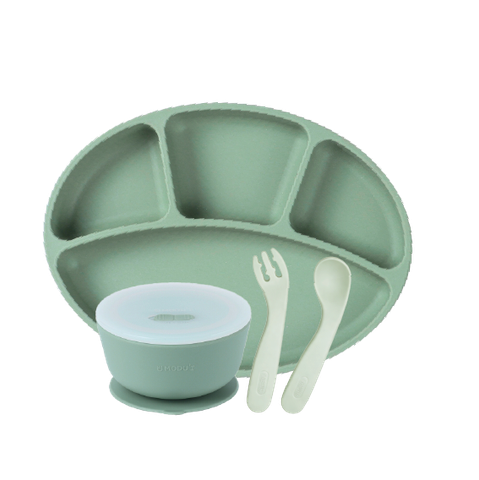 [COMBO] Khay chia ngăn đế hít, Bát đế hít silicone Modu'i và bộ muỗng nĩa Edison, màu mint