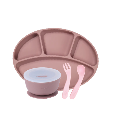 [COMBO] Khay chia ngăn đế hít, Bát đế hít silicone Modu'i và bộ muỗng nĩa Edison, màu pink