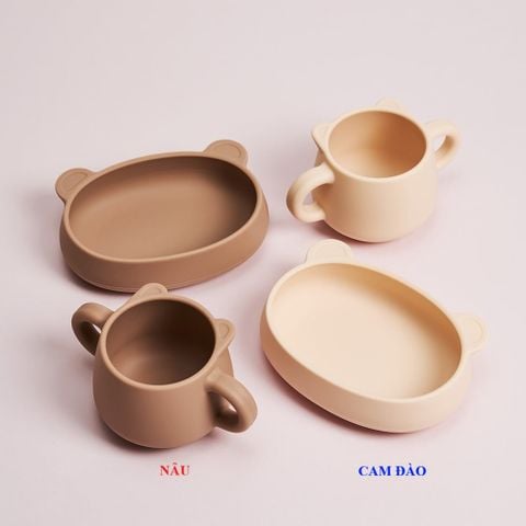 Combo Đĩa hình gấu đế hít và cốc hình gấu silicon Modu'i, màu peach (cam đào)