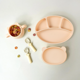 [COMBO] Khay chia ngăn đế hít, đĩa hình gấu đế hít, cốc hình gấu màu peach, bộ muỗng nĩa silicon Modu'i, màu butter
