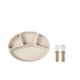 [COMBO] Khay ăn dặm oval chia 4 ngăn màu cream & Bộ muỗng nĩa Silicone Bạch kim Modui Bluemama màu sand beige