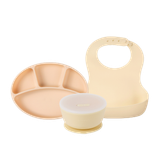[Combo] Khay chia ngăn đế hít màu peach, Bát đế hít, Yếm không họa tiết silicone Modu'i, màu butter